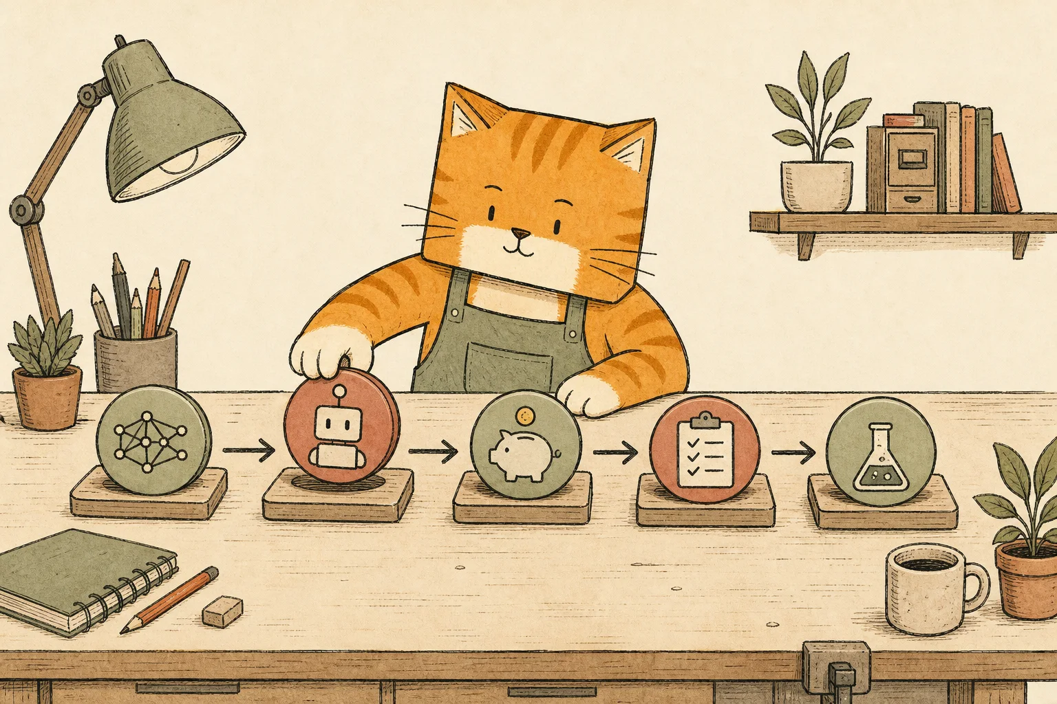 A square-faced orange cat moves five parts of an AI workflow across a workbench