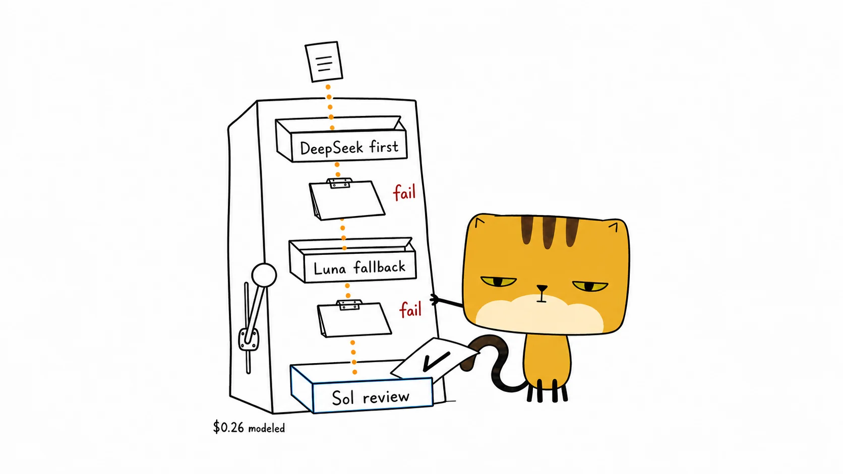The square-faced cat operates a fallback cabinet from DeepSeek to Luna and Sol review