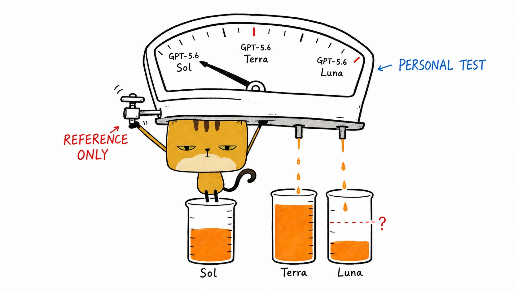A square-faced cat measures the reported Juice values of GPT-5.6 Sol, Terra, and Luna