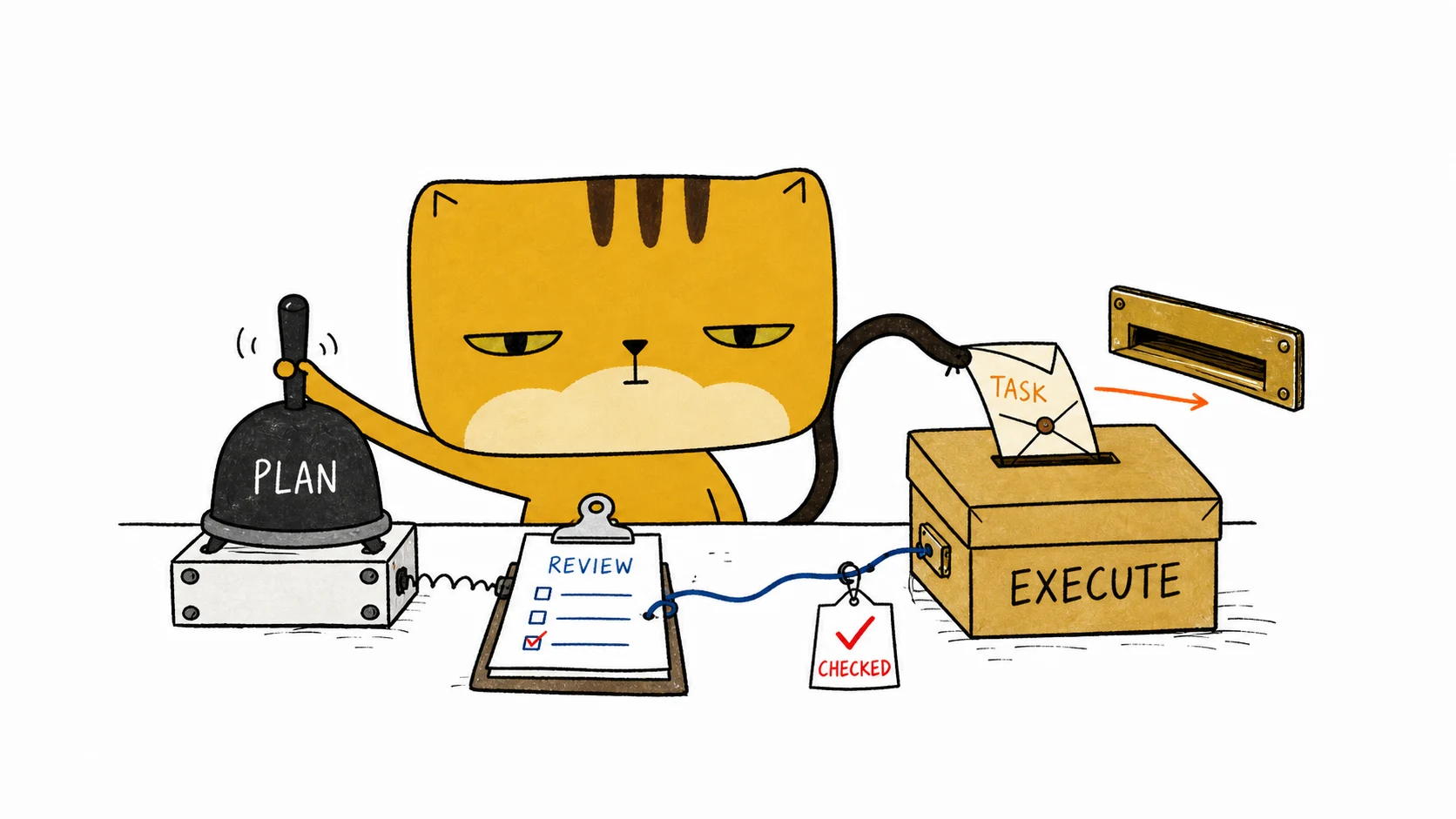 The square pancake cat keeps Sol's plan, Luna's execution, and the checked result on one hand-built workbench