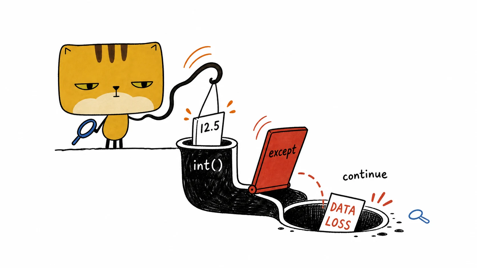 The square pancake cat fishes a decimal record out of an int-to-except drain before it becomes data loss