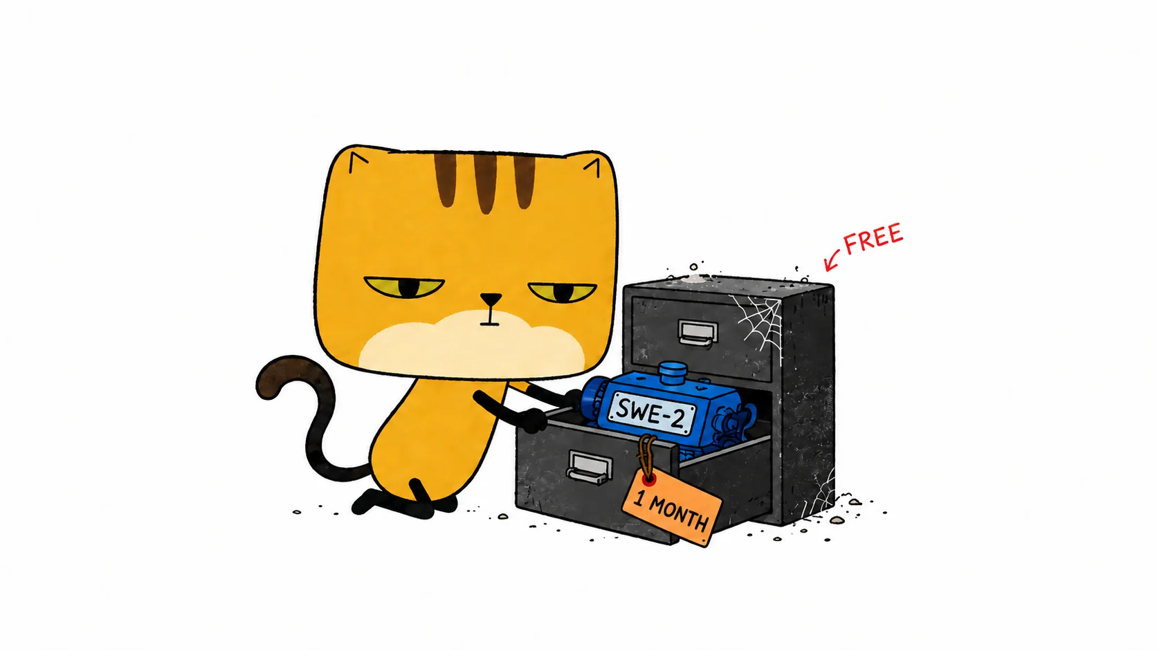 A square-faced cat pulls the SWE-2 engine from a forgotten drawer marked free for one month